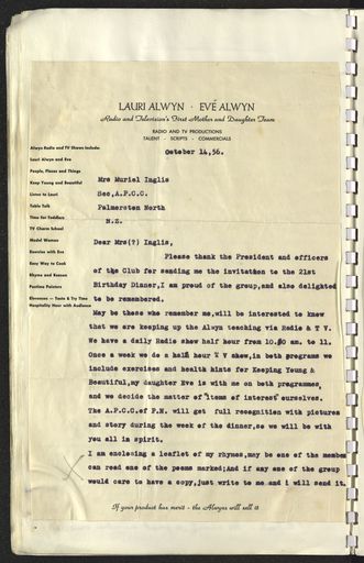 Page 1: Reply to invitation to the 21st birthday celebrations of the Alwyn Physical Culture Club