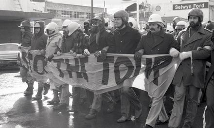 Anti-Apartheid and anti-Tour protest vanguard on match day.