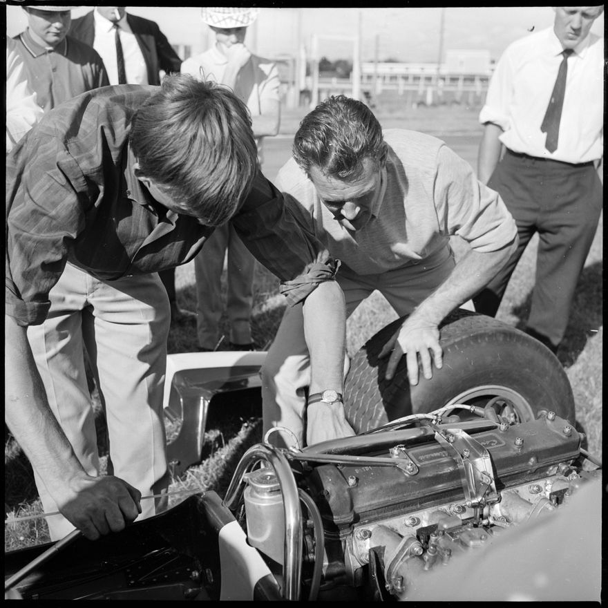 Inspecting Engine on Jim Clarks car