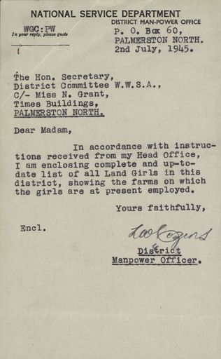 Correspondence: Letter advising of an attached list of the the land girls in the district.