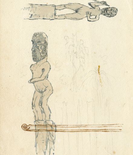 Drawings of two Māori carved figures