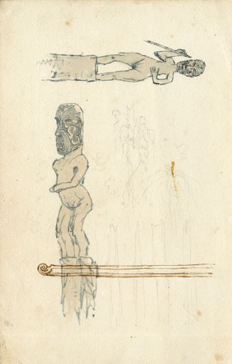 Drawings of two Māori carved figures