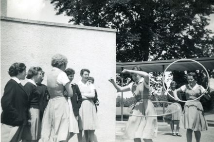 Playing with hula hoops at Palmerston North Girls High School