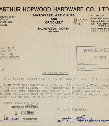 Letter from Arthur Hopwood regarding his offer to the PNCC of a Clock Tower in the Square