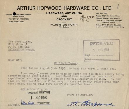 Letter from Arthur Hopwood regarding his offer to the PNCC of a Clock Tower in the Square