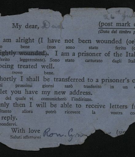 Postcard for war prisoners sent by Ron Grammer - reverse