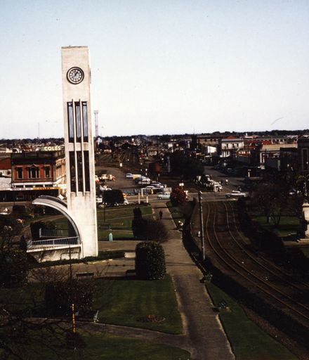 Hopwood Clocktower and train tracks in The Square