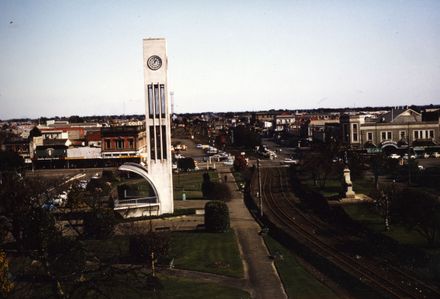 Hopwood Clocktower and train tracks in The Square
