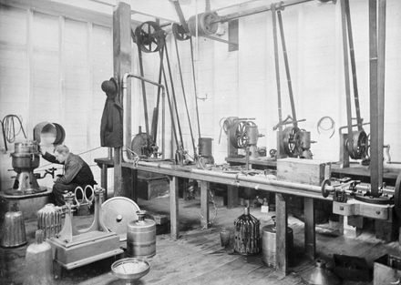 Interior of Holben and Kirk's engineering workshop, Rangitikei Street