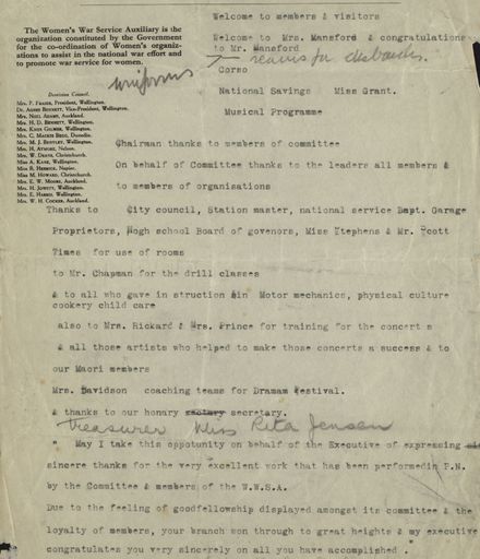 Women's War Service Auxiliary Meeting agenda and notes