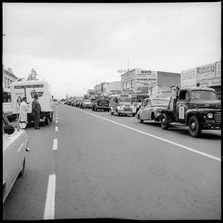 [Trucks in a parade to promote road safety.]
