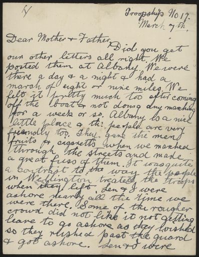 Letter home from troopship during WWI