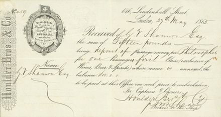 Receipt for deposit of passage money per the sailing ship, 'Philosopher'
