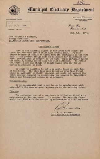 Letter from the Municipal Electricity Department regarding a replacement cross on the Palmerston North Clock Tower