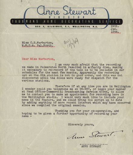 Correspondence: Anne Stewart to Charlotte Warburton, 1944