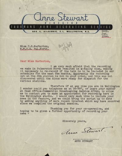 Correspondence: Anne Stewart to Charlotte Warburton, 1944
