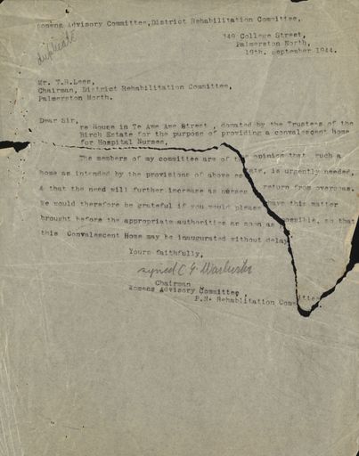 Correspondence from Miss Warburton to the District Rehabilitation Committee, Palmerston North