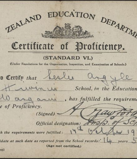 Leslie Argyle's Certificate of Proficiency