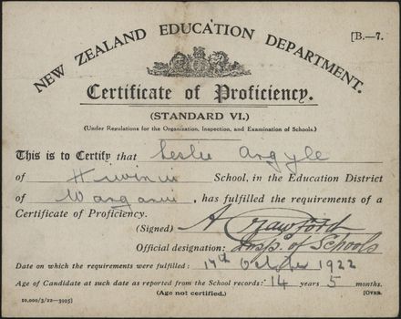 Leslie Argyle's Certificate of Proficiency