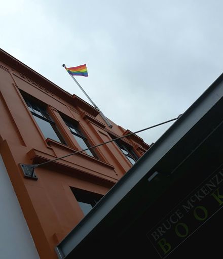 Rainbow flag atop Palmerston North City Library