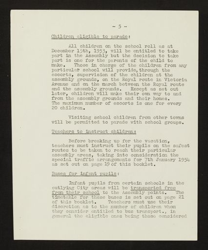 Schedule of Instructions and Details of Assembly for School Children for Royal Visit, 1954 6