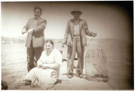 Peter and Maria Bares and Peter Vounatsos, fishing at Evans Bay, Wellington