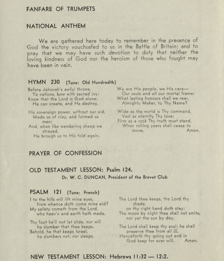 Order of Service for the Battle of Britain Commemoration Service 1958 - 2