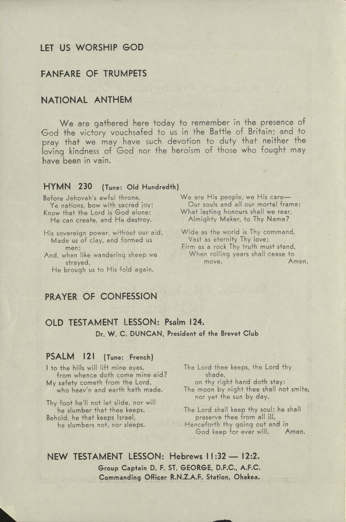 Order of Service for the Battle of Britain Commemoration Service 1958 - 2