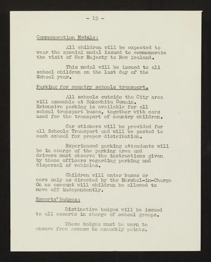 Schedule of Instructions and Details of Assembly for School Children for Royal Visit, 1954 16