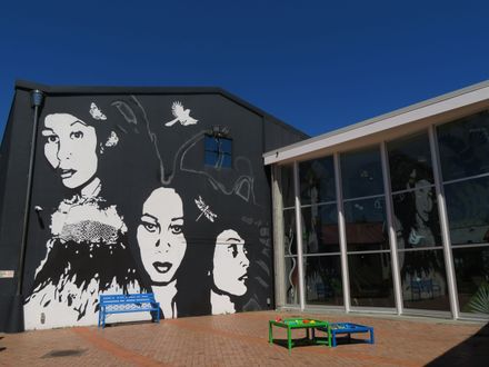 Mural in Te Manawa courtyard