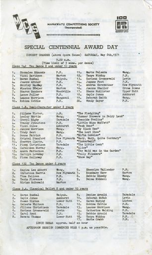 Manawatū Competitions Society, Special Centennial Award Day programme