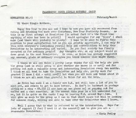 Palmerston North Single Mothers' Group - Newsletter No. 15, February/March 1976