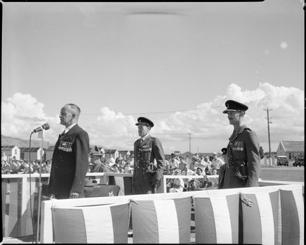 A War Veteran Speaks into a Microphone, Addressing the 23rd Intake, Central District Training Depot, Linton