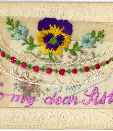 To My Dear Sister, embroidered WWI postcard