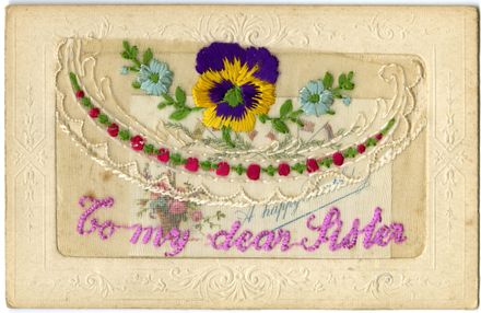 To My Dear Sister, embroidered WWI postcard