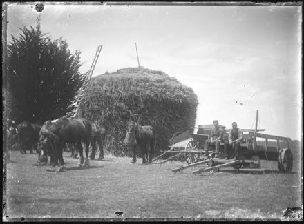 Men Seated on a Cart beside Horses with Chaff-Bags