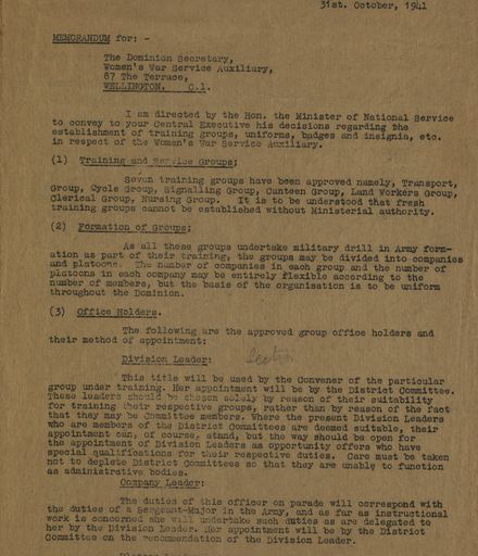 Memorandum to Women's War Service Auxiliary from J. S. Hunter