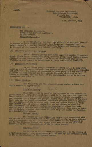 Memorandum to Women's War Service Auxiliary from J. S. Hunter