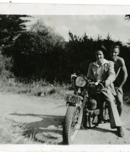 Andrews Collection: Mrs R Andrews and Ray Harding on Motorcycle