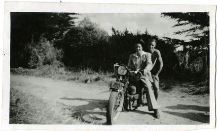 Andrews Collection: Mrs R Andrews and Ray Harding on Motorcycle