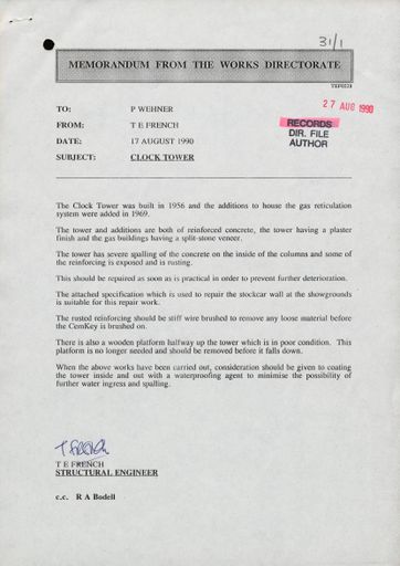 Memo from PNCC Works Directorate regarding repairs and maintenance of Palmerston North Clock Tower