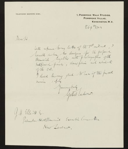 Envelope & Correspondence regarding design of memorial, PN & Districts Soldiers' Memorial Fund, 7 February 1923 2