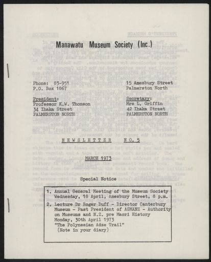 Manawatu Museum Society (Inc.) Newsletter No. 5
