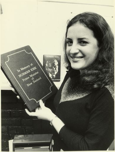 Patricia Dunmore with Norman Kirk Memorial Book