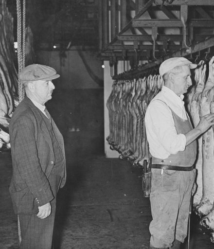 Checking carcasses at the Abattoir, Maxwells Line
