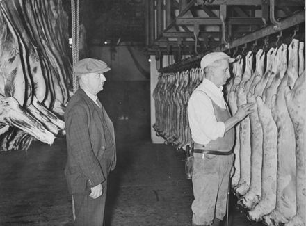 Checking carcasses at the Abattoir, Maxwells Line