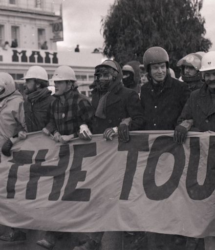 Anti-Apartheid and anti-Tour protest vanguard on match day.