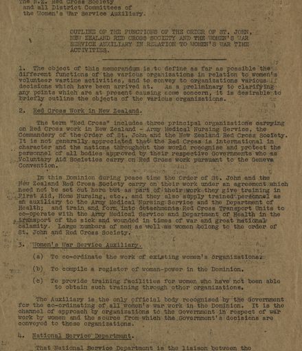 Memorandum from the National Service Department outlining the functions of women’s volunteer wartime organisations