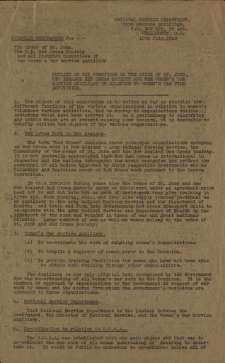 Memorandum from the National Service Department outlining the functions of women’s volunteer wartime organisations