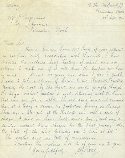 Letter containing history of C M Ross Co Ltd in the Woodville district